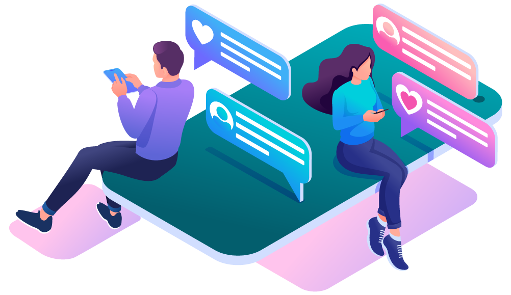 man and woman sitting on phone graphic - Social Closure, let us help close your deceased loved one's social media accounts