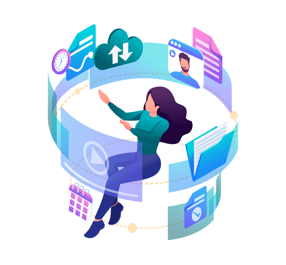 Illustration of woman surrounded by digital screens - delete twitter account for deceased person social closure