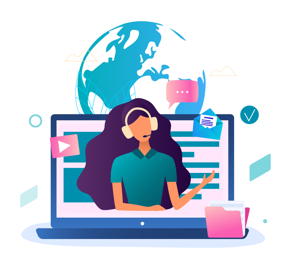 Woman sitting at desk with headset graphic - delete social media accounts for deceased person social closure